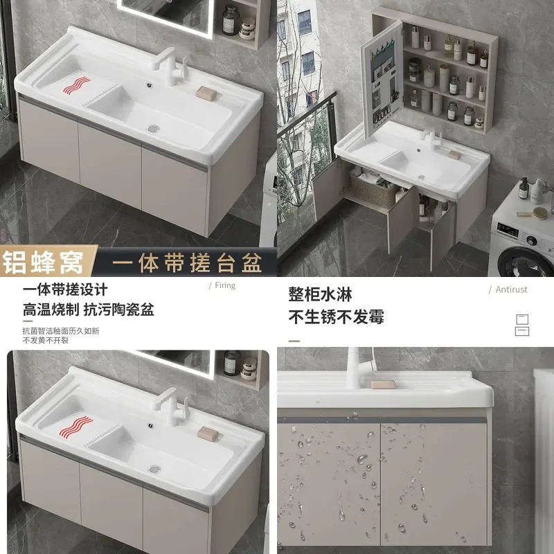 For Small Apartment Balcony Ceramic Integrated Sink Laundry Basin Cabinet with Rubbing Board Space Saving Wash Pool Combo