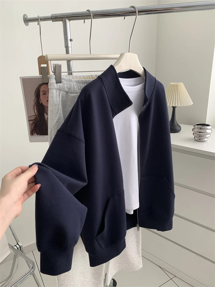 

White Enhancing Loose Fit Women's Jacket with Stand Collar Autumn Winter Fleece Lined Korean Style Zipper Pure Color Sweatshirt