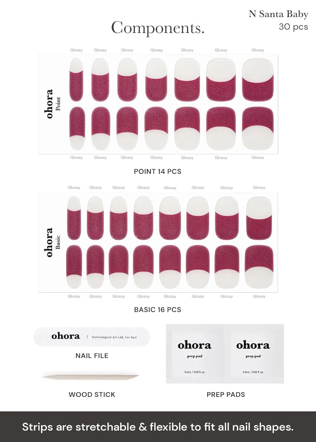شرائط أظافر جل شبه معالجة باللون الأحمر الفرنسي - آمنة للأشعة فوق البنفسجية/LED، تدوم طويلاً، سهلة الاستخدام والإزالة - تتضمن وسادات إعداد وملف وعصا #4