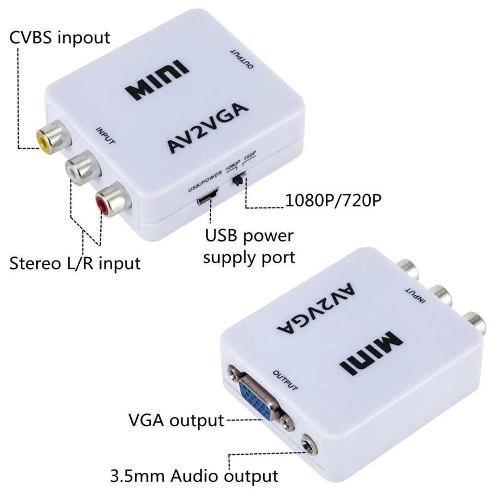 Konwerter AV RCA CVBS na wideo VGA Adapter VGA na AV RCA z kablem Audio 3.5mm do TV, pudełko Monitor do komputera 1080P HDTV Mini konwerter