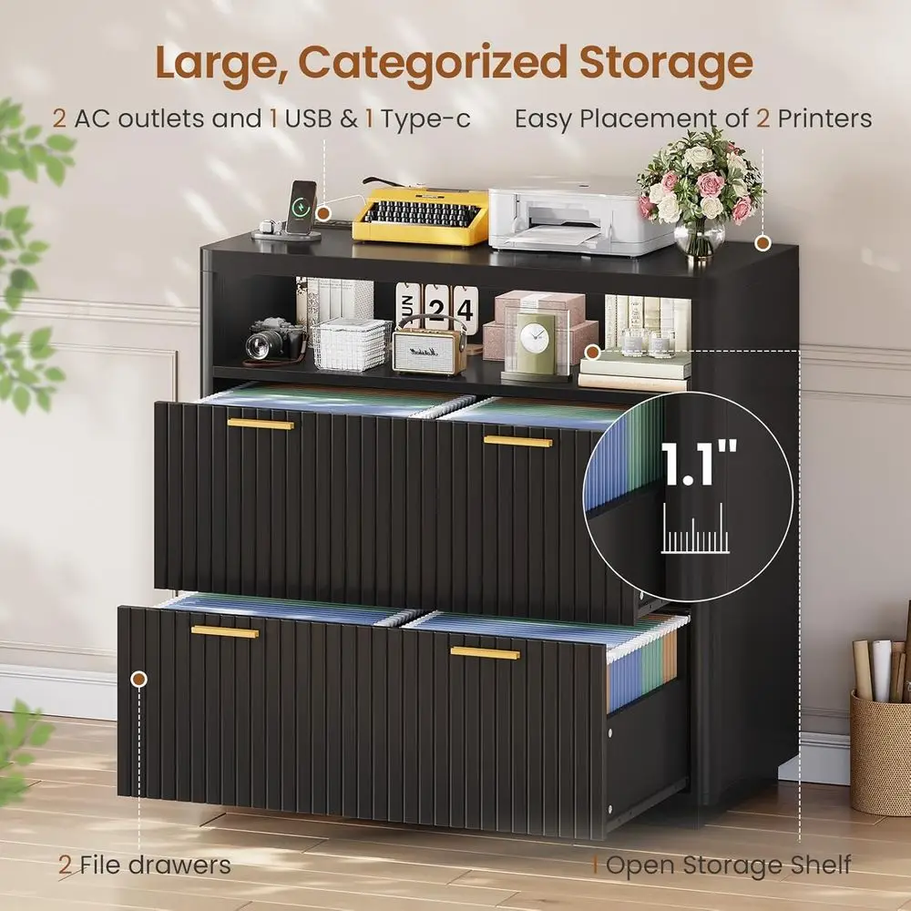 خزانة ملفات بذراع سوداء 31.5 مع حرف/قانوني/A4، وشريط طاقة، وتخزين حامل الطابعة