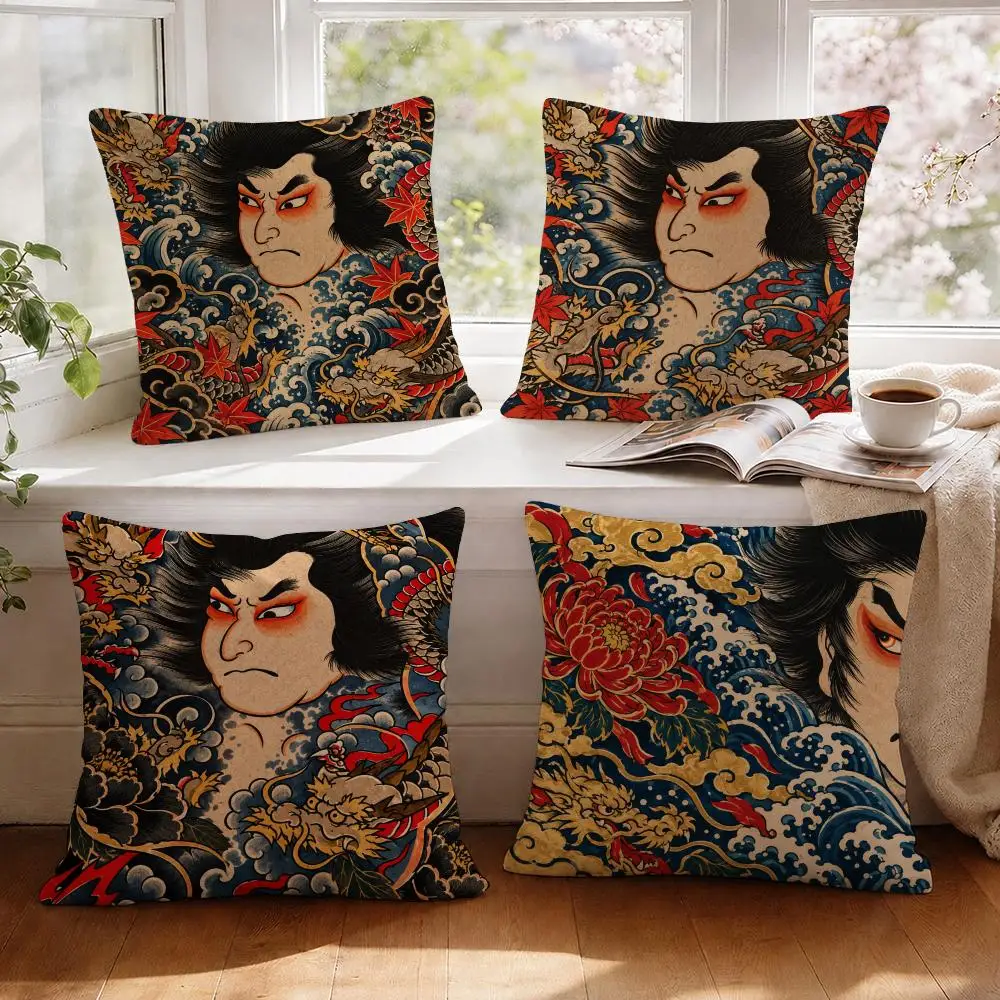 Samurai Art Bold Dramatic Cushion Cover 1/4Pcs Linen Throw Pillow Covers Double-Side Print Sofa Couch Living Room Decor