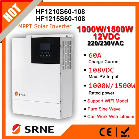SRNE 1KW/1.5KW 12V 220V/240VAC Onda sinusoidale pura Off-Grid Inverter ibrido MPPT 60A Caricatore solare Tensione di ingresso fotovoltaico massimo 108VDC