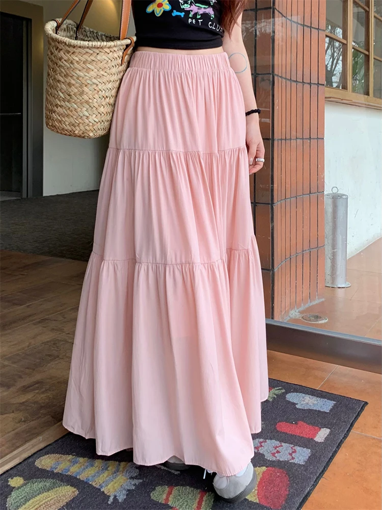 

Fashion Pink Long Skirts Women Spring Summer Korean High Waist Elegant Skirt Jupe Femme