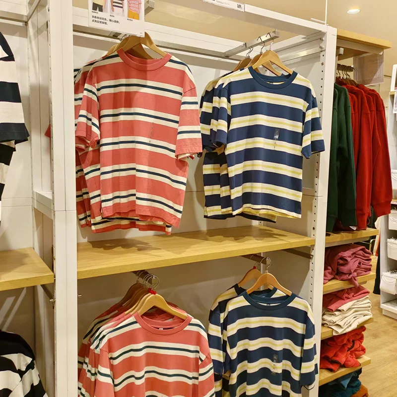 

Свободная полосатая футболка унисекс с коротким рукавом, повседневная, хлопковая, летняя, модная, базовая, с круглым вырезом, стандартной длины, стандартного кроя