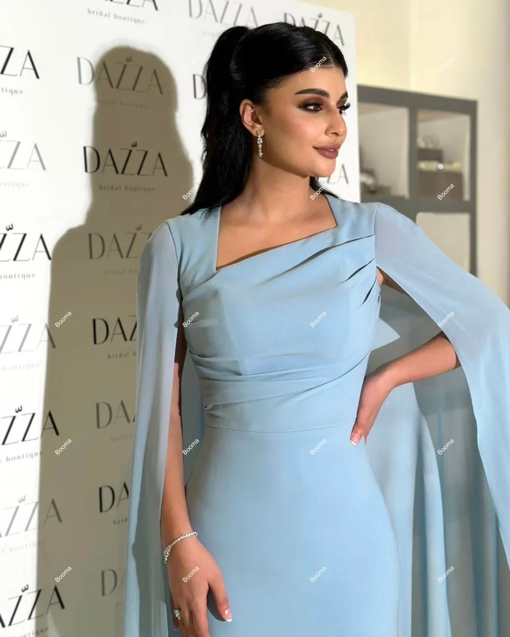 Booma Light Blue Generous Straight Evening Dresses for Women Cape Formal Occasion Gowns Saudi Arabic Party Prom Dresses Dubai