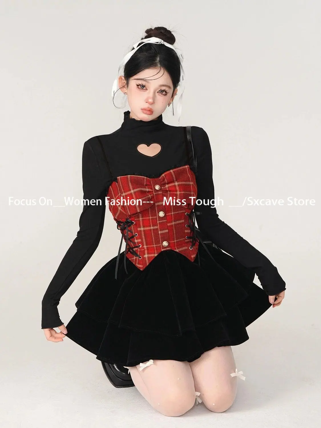 2 Piece Dress Set Autumn Women Gyaru Y2k 2000s Vintage Evening Suit Outfits Long Sleeve T-Shirts + Mini Plaid Patchwork Dress