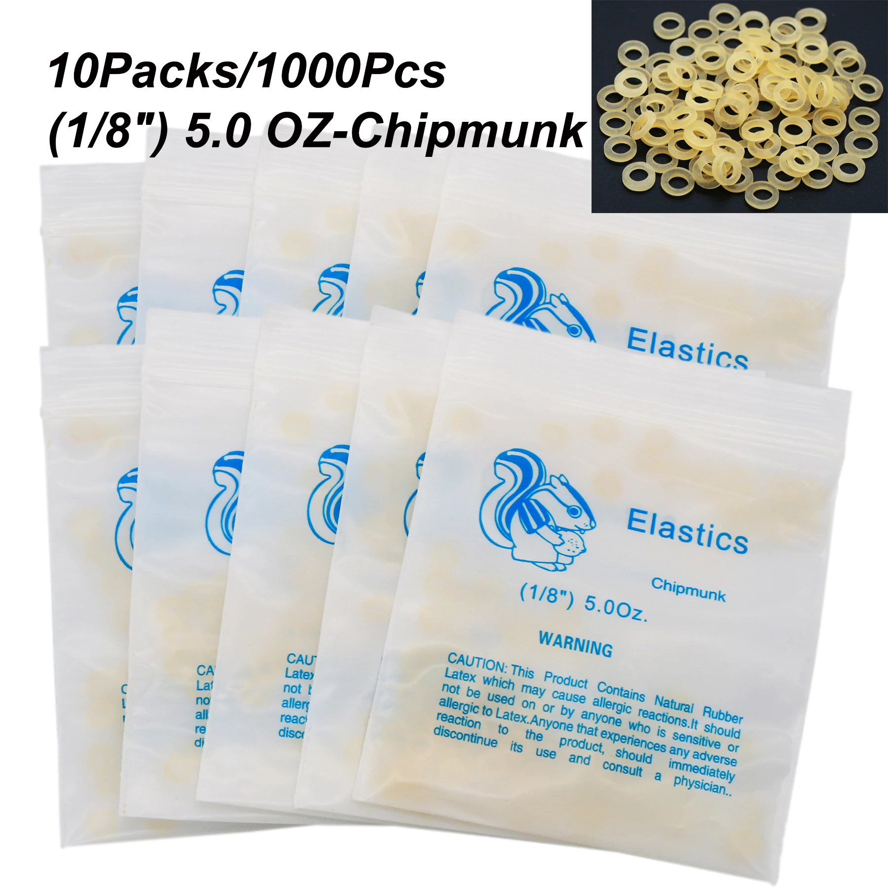 10Bags/1000Pcs Dental Orthodontic Elastics Latex Rubber Bands Use For Brackets Braces 1/8'' Chipmunk 5.0OZ