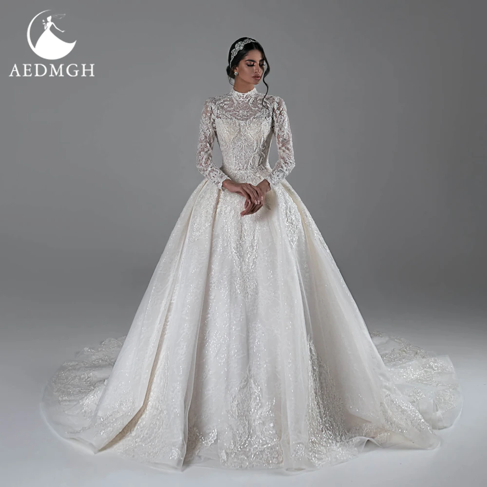 Aedmgh Ball Gown Royal Exquisite Wedding Dresses High Neck Long Sleeve Vestido De Novia Embroidery Custom Made Bridal Gown