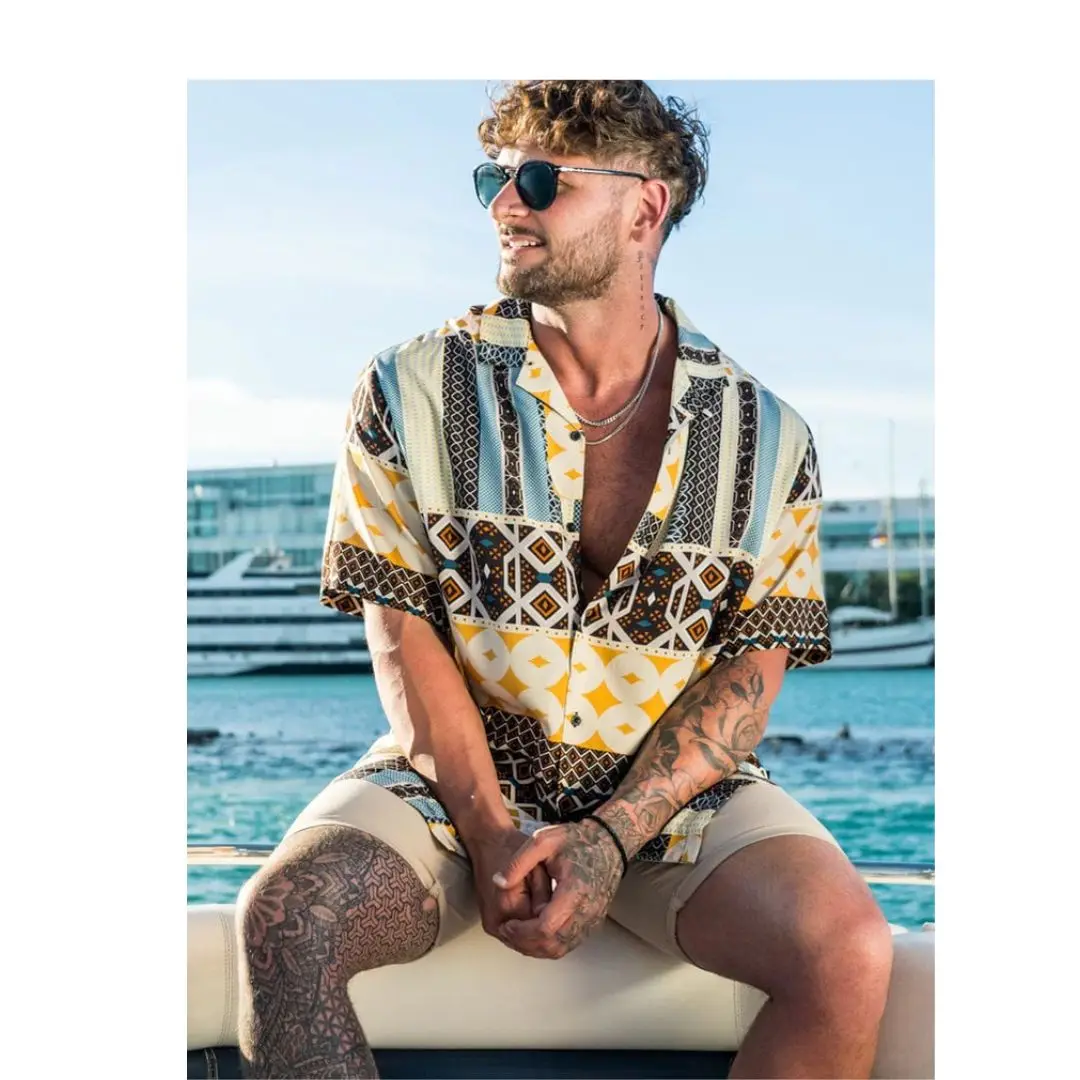 

Summer new Men's fallow Short Sleeve Button Down Lapel Shirt Resort Holiday Hawaiian Style 3D digital printing oversized tops ﻿