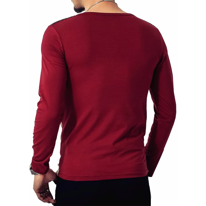 Men\'s Slim Fitted Casual Long Sleeve Button T-Shirts Contrast Color Stitching Top Tees