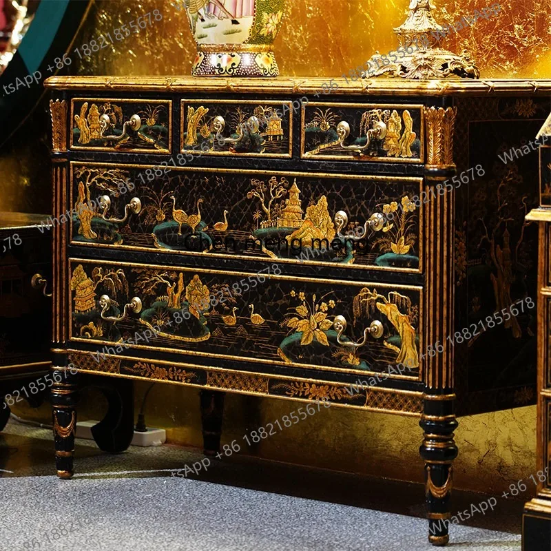

French solid wood painted chest cabinet, living room storage decorative cabinet, court engraving hand-painted entrance cabinet