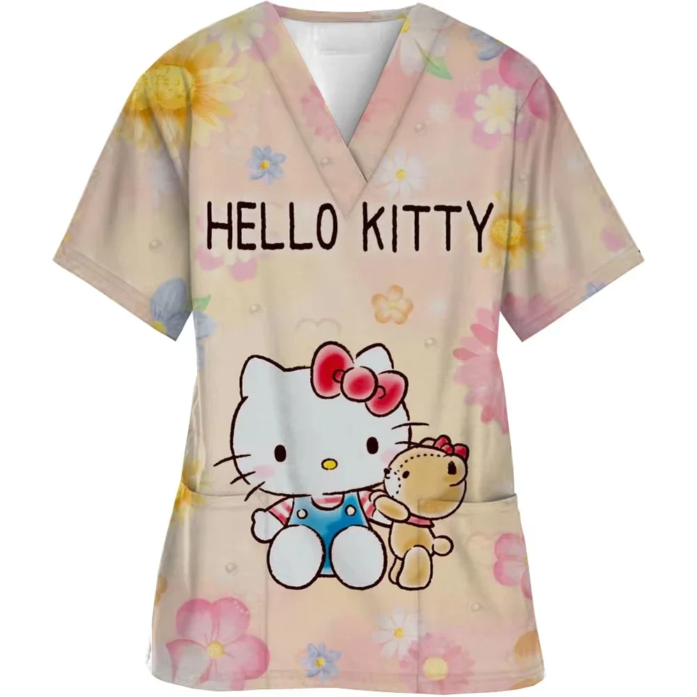 

Hello Kitty Women Nurse Uniform T-shirt Top Hello Kitty Printing Enfermera Short Sleeve Neck Tops Working Uniform Pocket Shirts