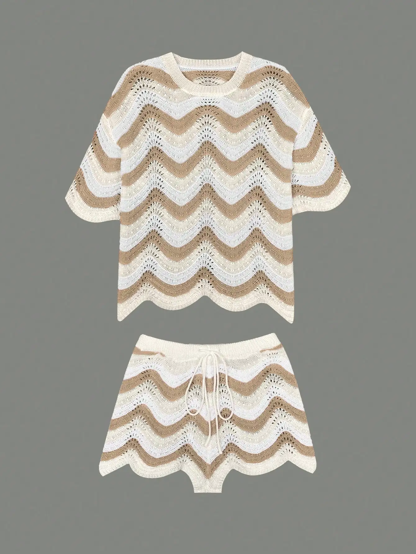

Women's Hollow Crochet Knit Short Sleeve Top And Shorts Two Piece Set Beach Summer