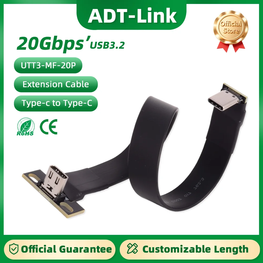 

ADT-Link USB 3.2 Type C Gen2x2 Flat Cable Left/Right 90 Angle Adapter Data Charge FPC FPV Aerial Photography Cord 20P 20G