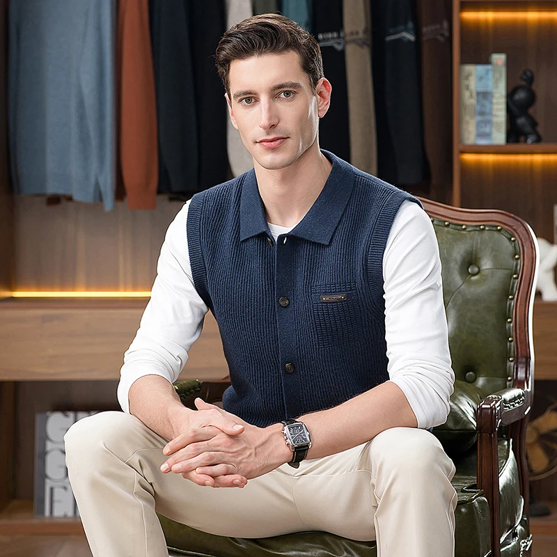 100% Sheep Wool Cardigan 2025 Autumn Trendy Men Single Breasted Knit  Vest Sleeveless Cashmere Wool Sweater Male Knit Waistcoat view 5