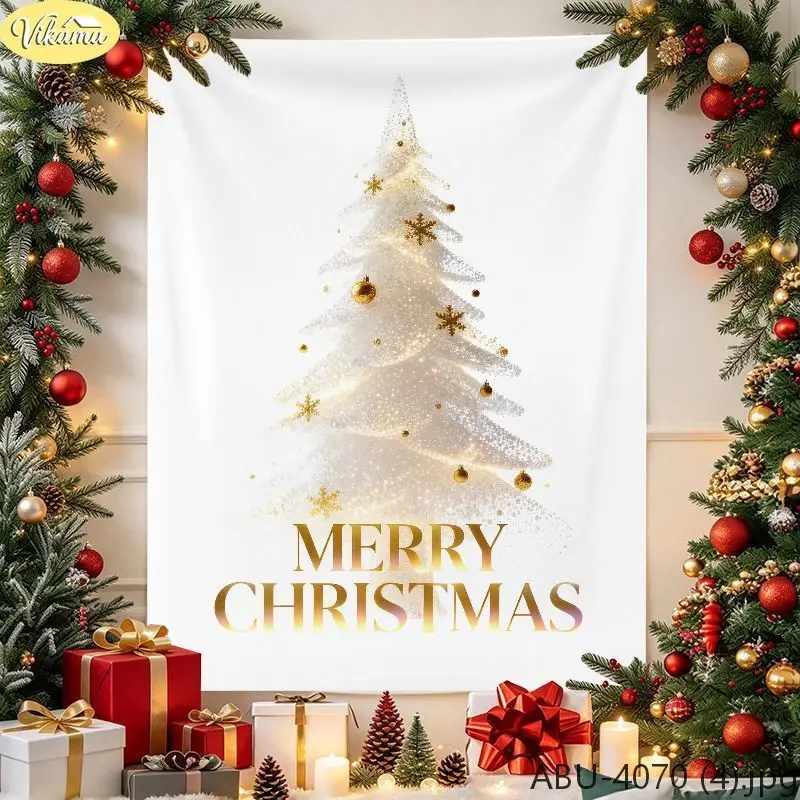 VIKAMA Merry Christmas Tapestry, Shimmering Gold Christmas Tree Tapestry, Merry Christmas Holiday Party Backdrop, Home Decor