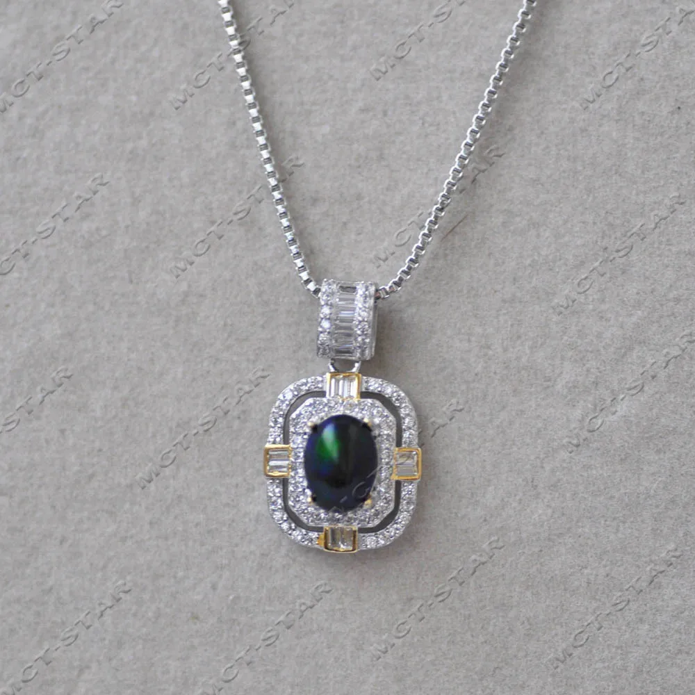 Z14288 Square 14mm Natural Peacock-Green Black Opal Stone Pendant CZ Sterling silver