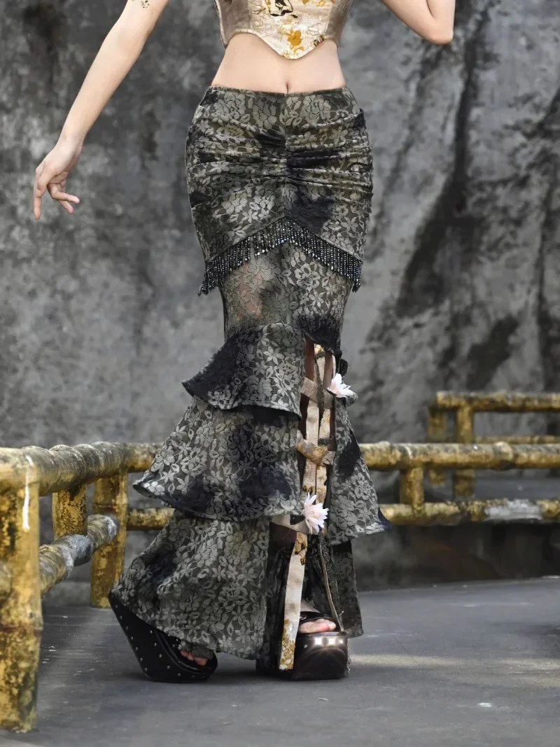 Japanese 2025 Autumn New Unique Design Long High Waisted Skirts Chinese Style Tie-Dyed Lace Slim Fishtail Bird Cage Skirt Female