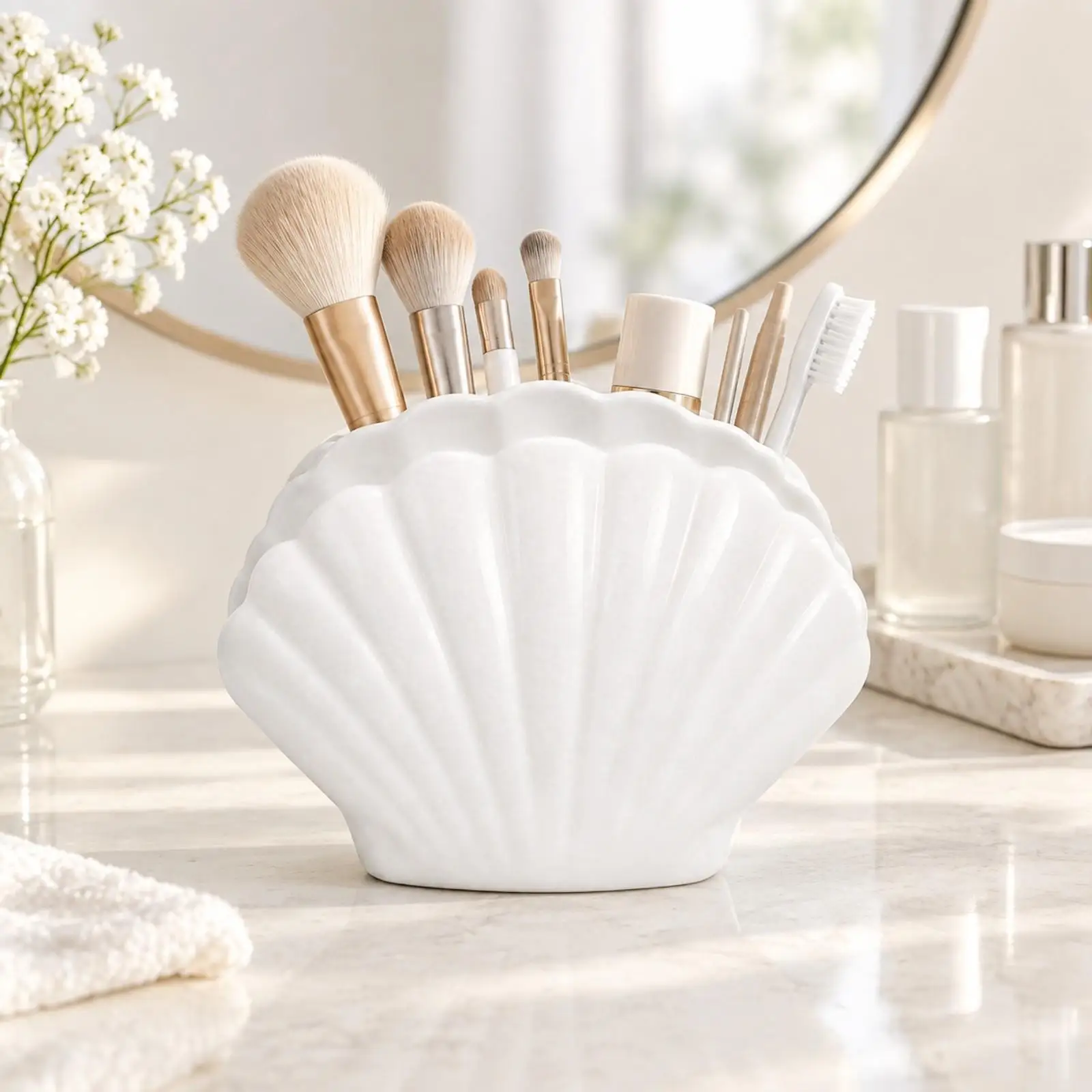 Shell Shaped Desk Organizer Plastic Cosmetic Storage Rack for Vanity Counter Makeup Brush Pen