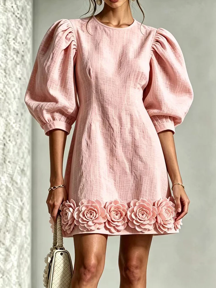 O-Ausschnitt, lange Laternenärmel, schickes Minikleid, Damen-Partykleid im Loose-Patchwork-Stil, Frühling/Herbst, einfarbig, elegant, modisches Damenkleid