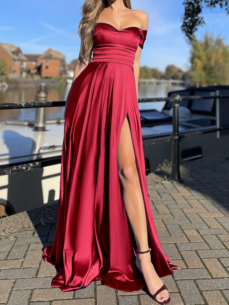 Off the Shoulder Solid Satin A Line Maxi Dress Stretch Slash Neck Elegant Ruch Front Slit Wedding Evening Party Long Ball Gown