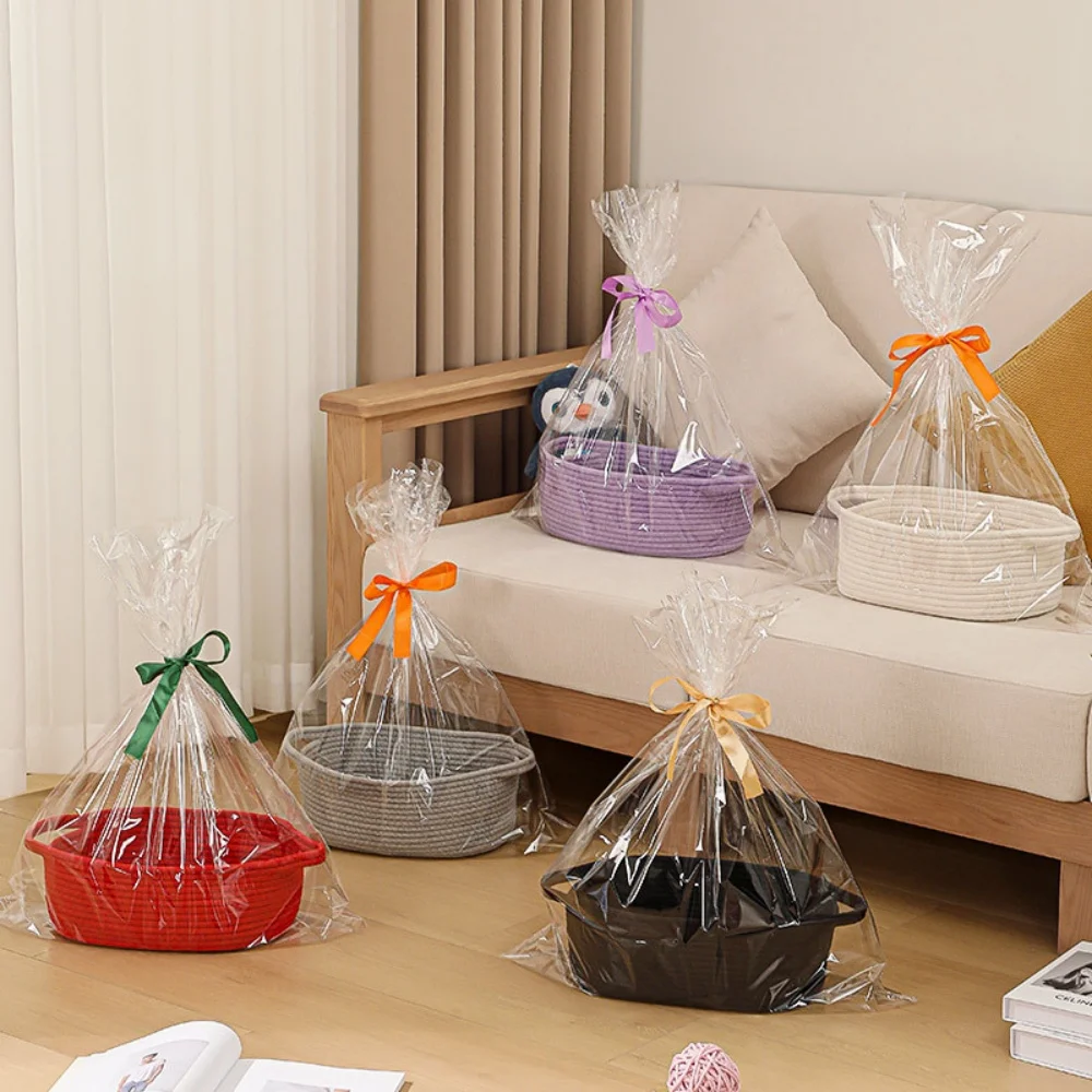 

Easter Rope Basket With Transparent Packaging Bag And Ribbon Bow Woven Basket Open Dish Storage Basket Shelf Basket Key Towel