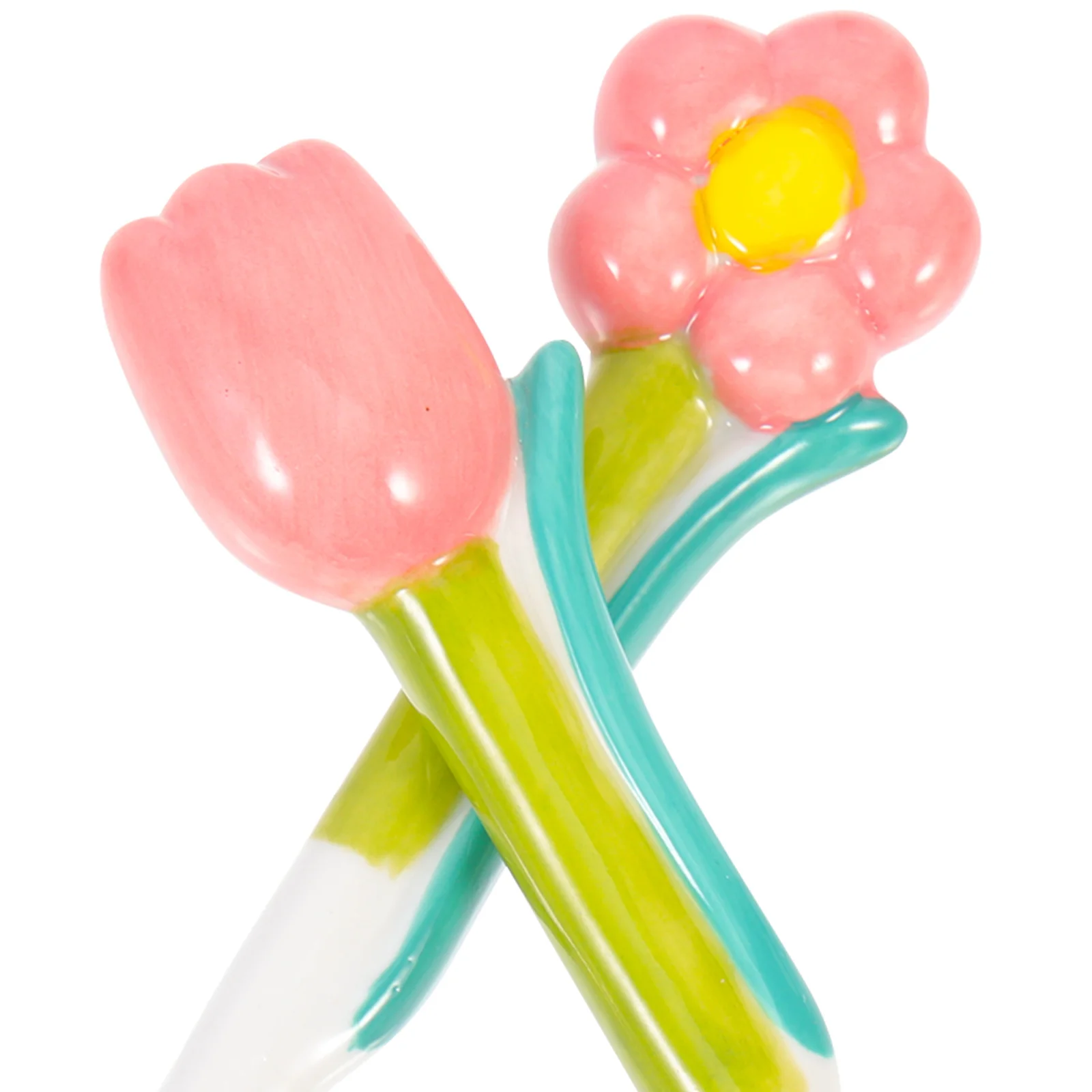

2Pcs Flower Spoon Porcelain Tulip Design Long Handle Mixing Spoon Coffee Rice Household Food Use Practical Mixing Accessory