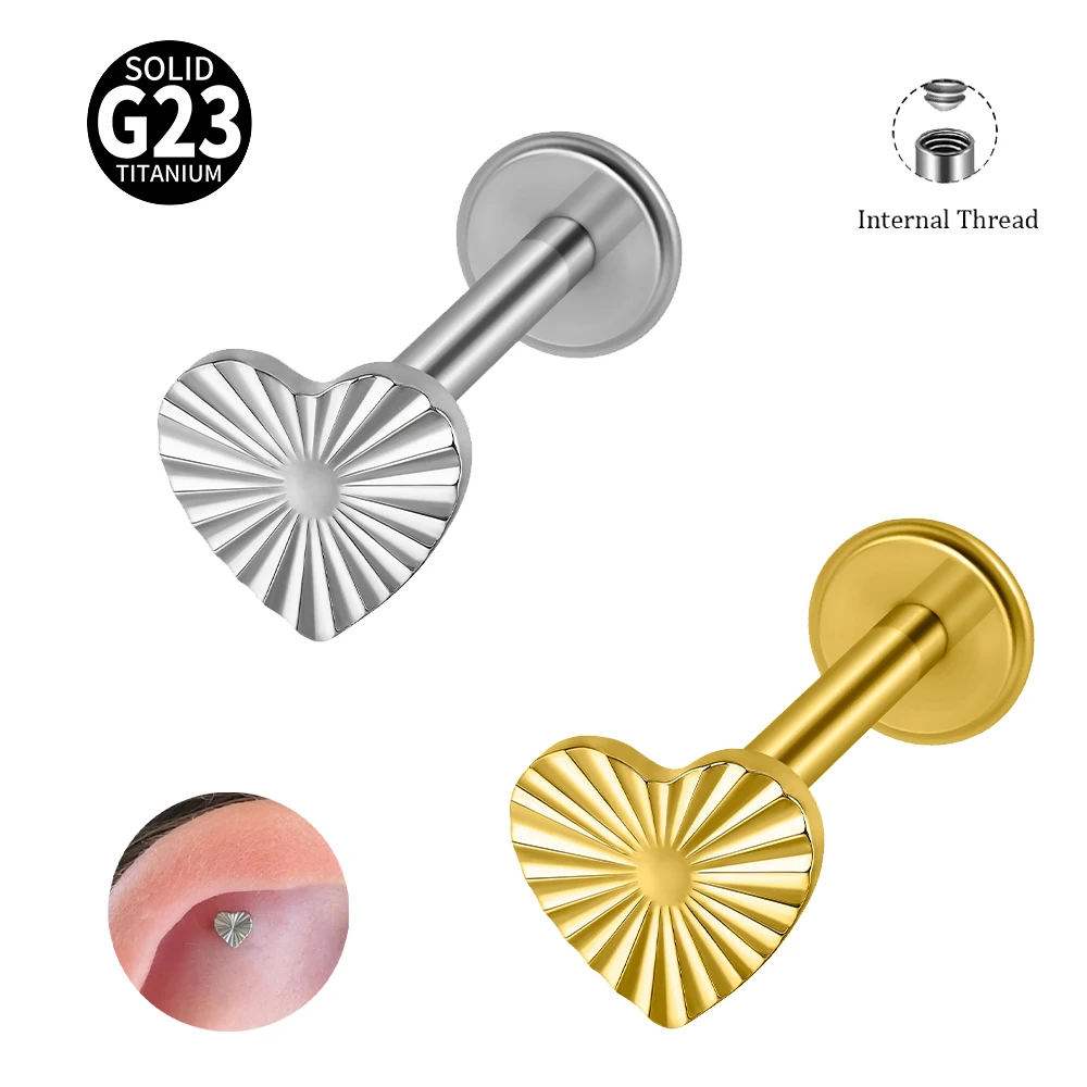 1PC G23 Titanium Internal Thread Heart Labret Stud Lip Ring Textured Heart Ear Tragus Helix Cartilage Body Piercing Jewelry 16G