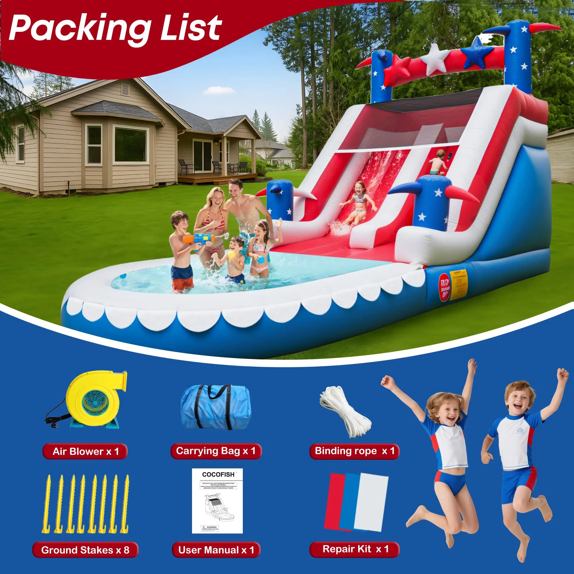 Wasserrutsche in kommerzieller Qualität mit Pool-Bounce-Haus für Erwachsene und Kinder (mit Gebläse), großer Wasserrutsche im Freien im Hinterhof