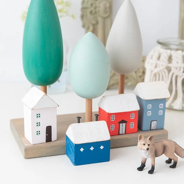 

4Pcs Small Cute Wooden House Ornament Miniature Building Desktop Crafts Decoration Nordic "ins" Style Birthday Christmas Gifts