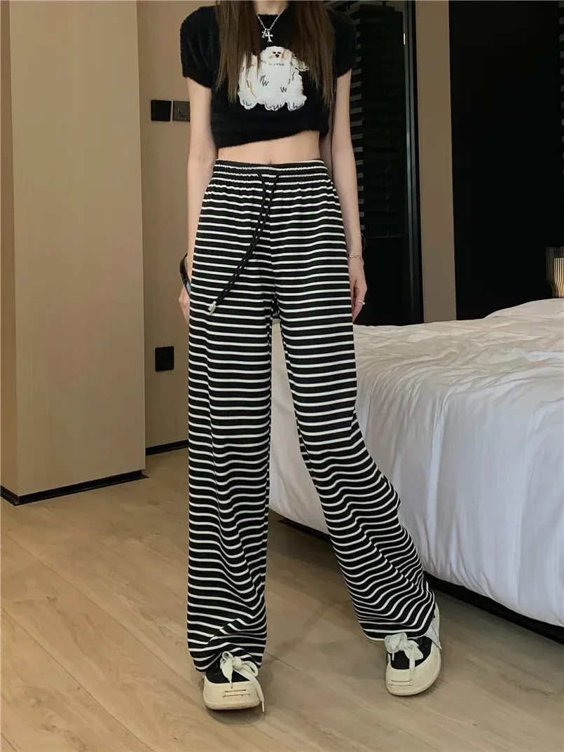 2023 Leopard Loose Trousers Women\'s Elegant Striped High Waist Wide Leg cargo Pants Women Straight  y2k vintage baggy pants