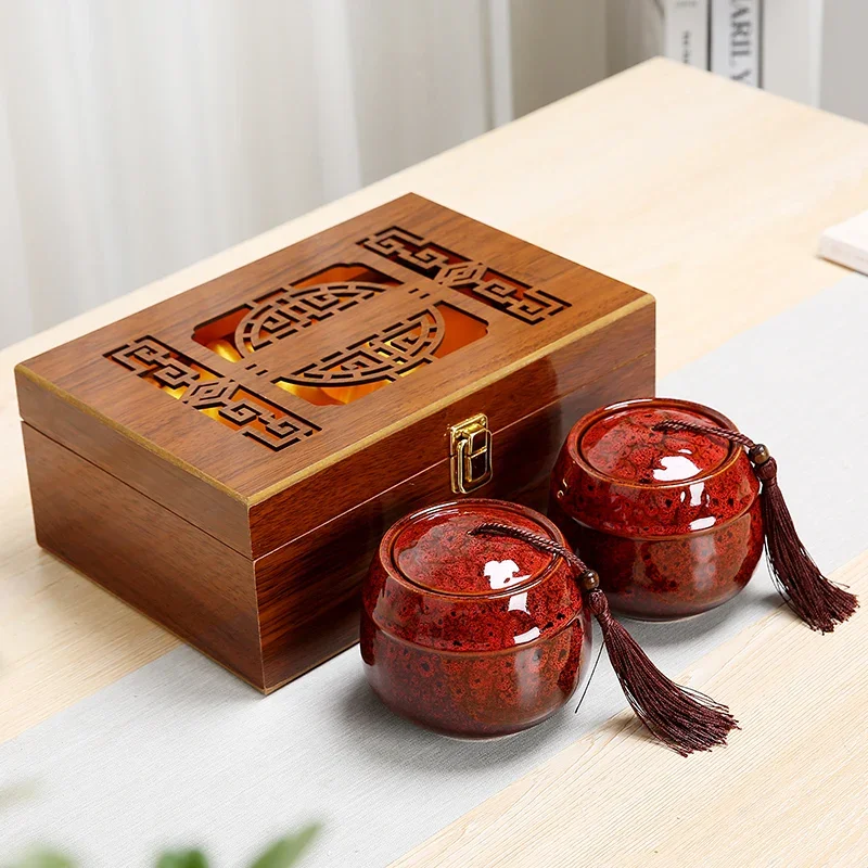 Ceramics Tea Caddy Wooden Gift Box Two-piece Kiln Change Storage with Cover Sort Out Sealed Jar Organizer