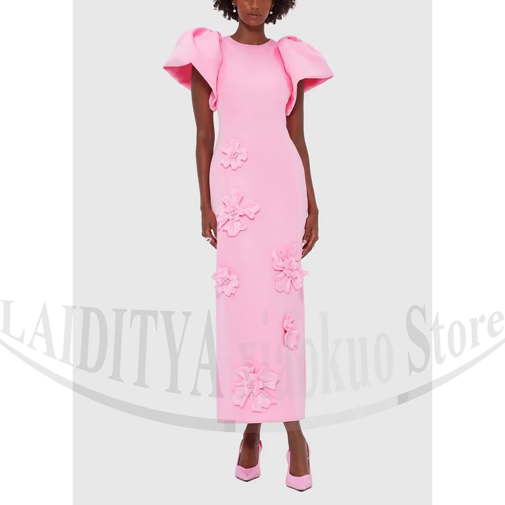 

Pink Flowers Prom Dresses Fashion O-Neck Puff Sleeves Party Gowns Chic Straight Ankle Length Back Slit Women Evening Dresses