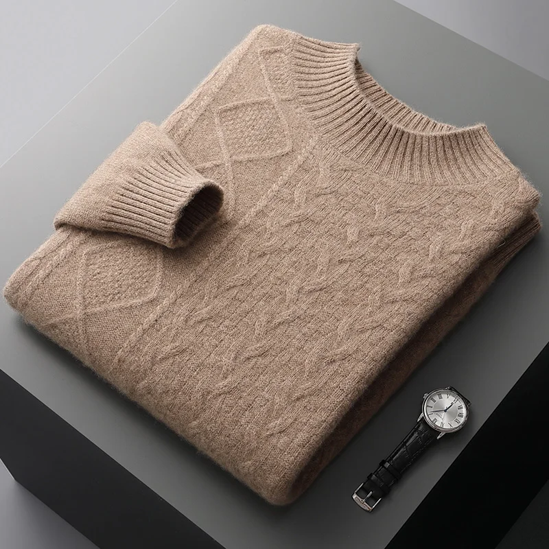 LDZWSM Men's Half High Collar Cashmere Sweater Winter Jacquard Knit Pullover Business Casual Thicken Tops Loose Large M3003005