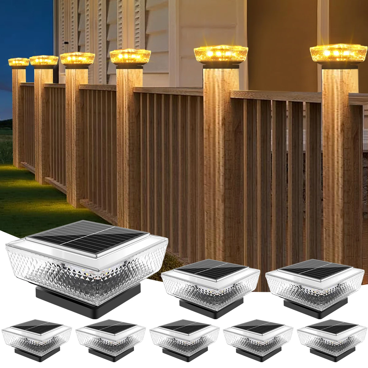 Solar Post Cap Lights Outdoor 2 Modes Deck Fence Post Lights Waterproof Solar Powered Lighting Outside Wooden Vinyl for Porch
