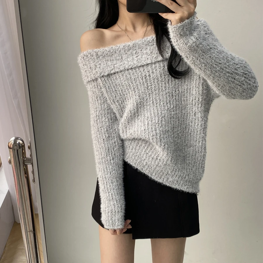 2024 Fall Winter Korean Sweet Knitted Sweater For Women Solid Off Shoulder Slash Neck Pullover Chic Soft Loose Female Jumper