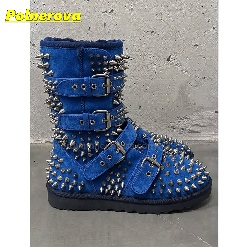 Women Pink Faux Suede Mid Calf Boots Metal Spikes Studs Multi Buckle Warm Furry Winter Snow Boots Punk Goth Street Style 2026