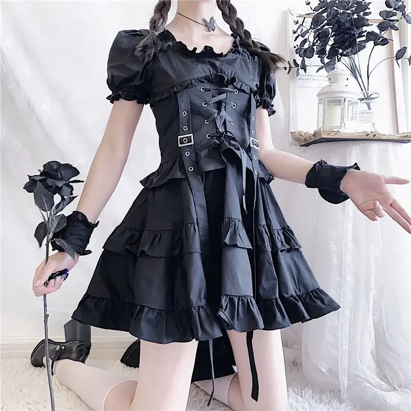 Gothic Lolita *Assassination Loli* Dress Gothic Retro High Waist Cake Dress Lolita Girdle Diablo Ruffle Bandage Black Mini Dress - Image 4