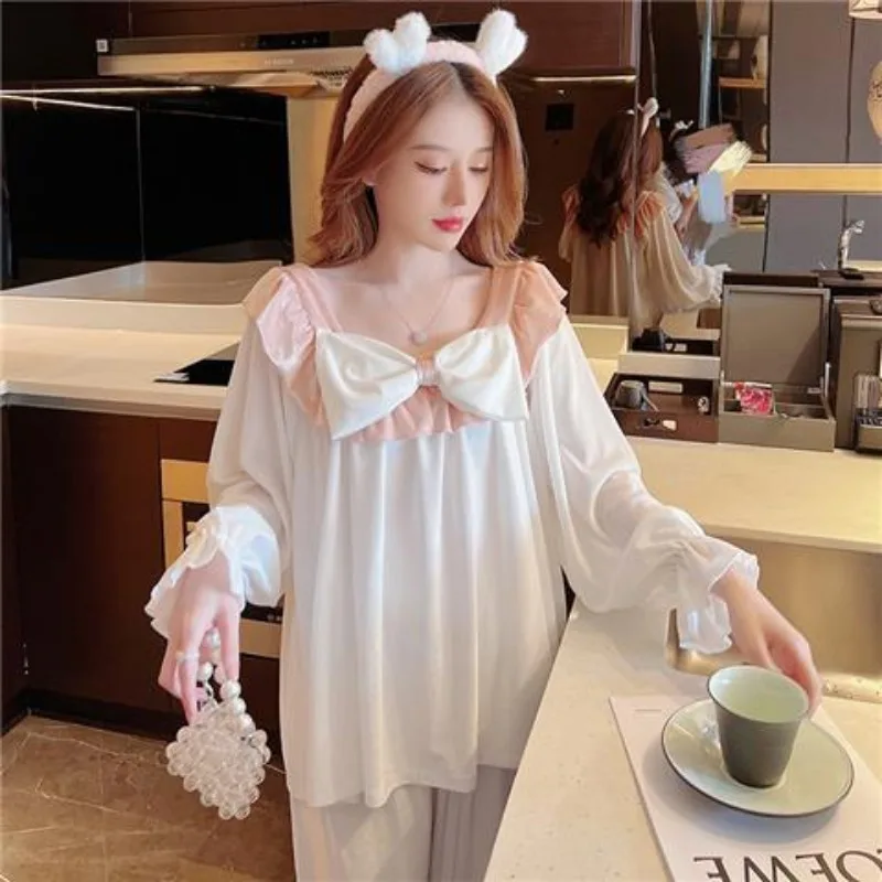 

Large Size 200 Kg Canary Pyjamas Female Spring and Autumn Long Sleeve Two-piece Suit Bow Cute Sweet Loungewear Loose Increase