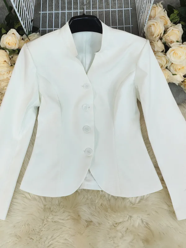 White Women's Loose Profional Small Suit Dr Ele Waist-Cinching Long Sve Pure Color Versatile Outerwear