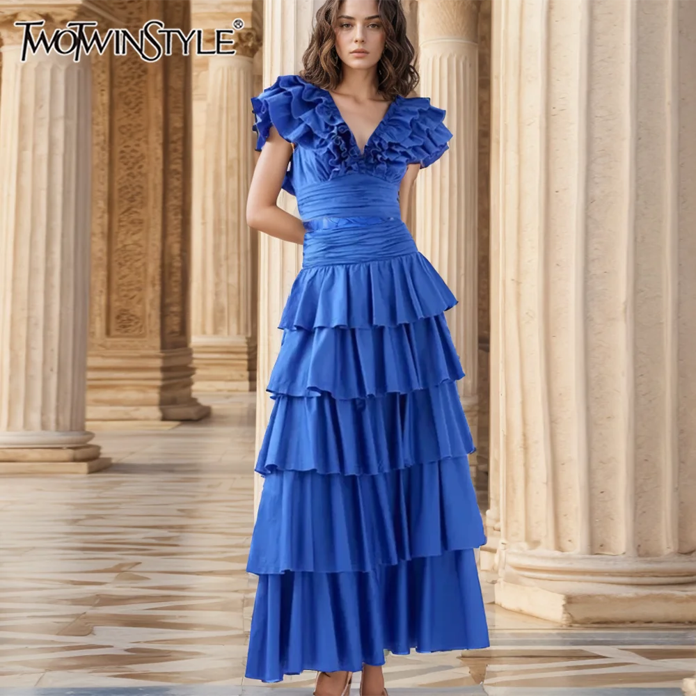 

TWOTWINSTYLE Casual Spliced Ruffles Two Piece Set For Women Flying Sleeve V Neck Top High Waist Skirt Chic Sets Female VSE788916