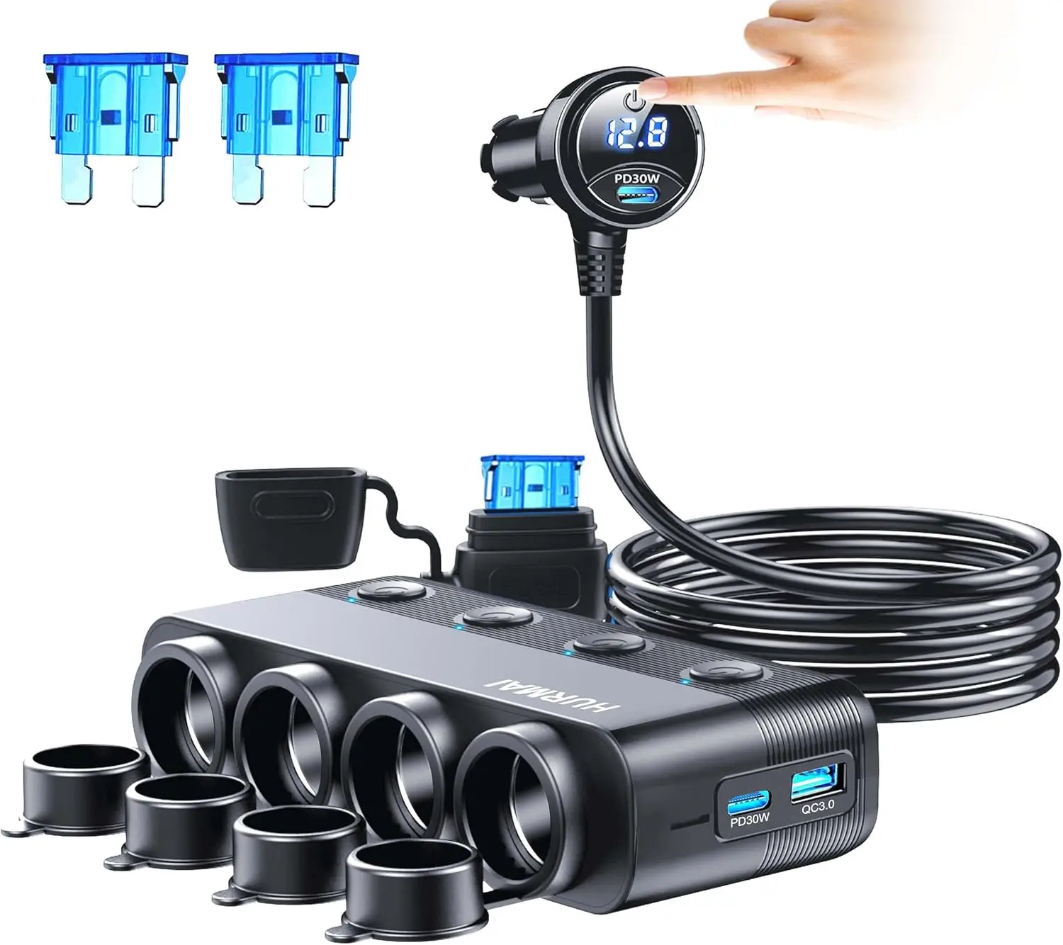 

Разветвитель прикуривателя, 216 Вт, 4-разъемное USB-зарядное устройство с PD30W/QC3.0, USB-C, независимыми переключателями, пыль и водонепроницаемостью — автомобильное приложение