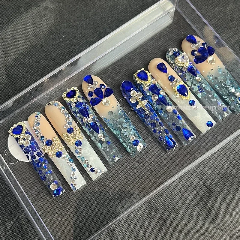 Luxury Handmade 3XL Long Coffin False Nails Customized Rhinestone Acrylic Press On Nails Y2K Reusable XXL Fake Nail With Glue