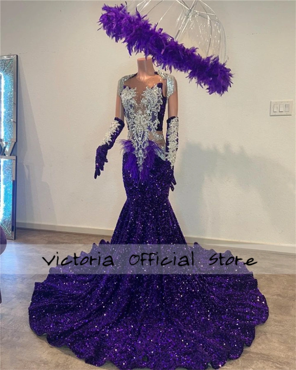 Abito da ballo a sirena viola con applicazioni in pizzo con paillettes argento per ragazza nera con guanti Matrimonio per festa di compleanno africana personalizzato