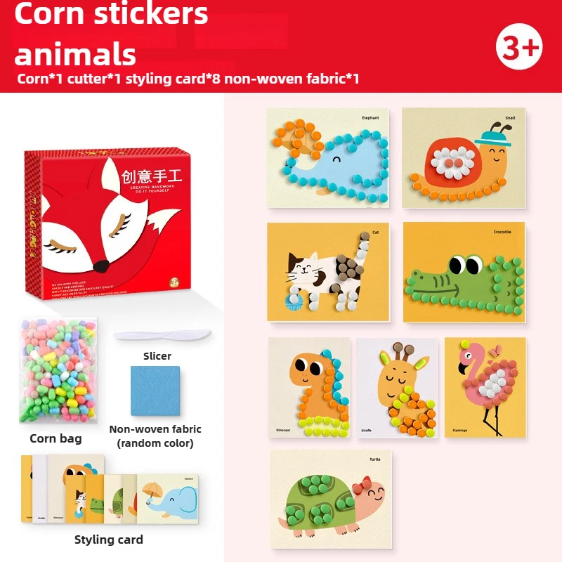 เด็ก DIY ทําด้วยมือการ์ตูนวาดข้าวโพด Starch วางภาพวาดไม่จําเป็นต้องใช้กาวการศึกษา Creative Handcraft วัสดุชุดของขวัญ