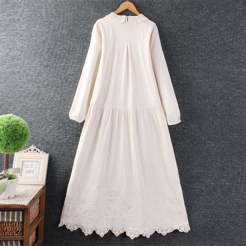 2024 Autumn New Women\'s Japanese Mori Girl Lace Hollow Out Dress Peter Pan Collar Long Sleeve Casual Loose Cotton Midi Dresses