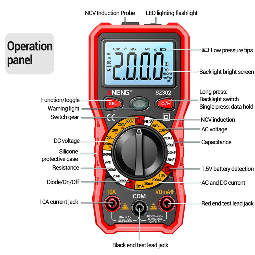 SZ301 SZ302 Multimetro digitale professionale Multimetro Auto voltmetro AC DC 220V resistenza tensione condensatore diodo NCV Tester