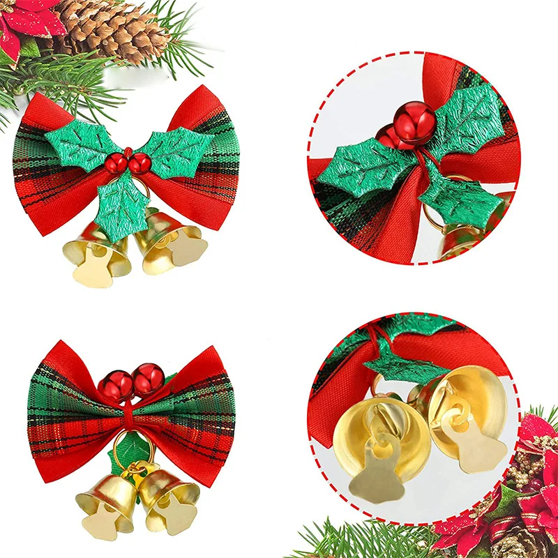 Christmas Holly Leaves Artificial Red Gold Berries Flower Ornaments Bells DIY Xmas Tree Hanging Pendants Bowknot Jingle Bell