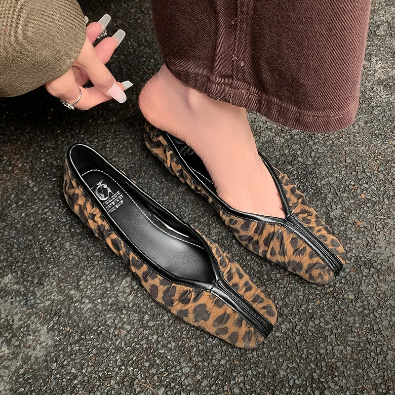2026 spring new leopard print cashmere inner height increase single shoes square head folds one pedal flat shoes large size